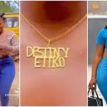 Destiny Etiko smiles as she receives a personalized neck necklace from a fan (video)