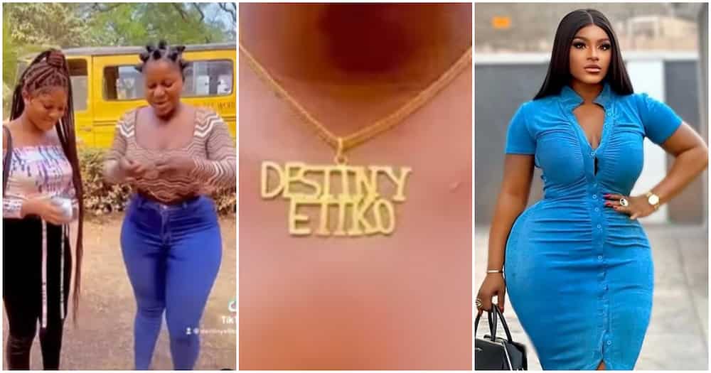 Destiny Etiko smiles as she receives a personalized neck necklace from a fan (video)