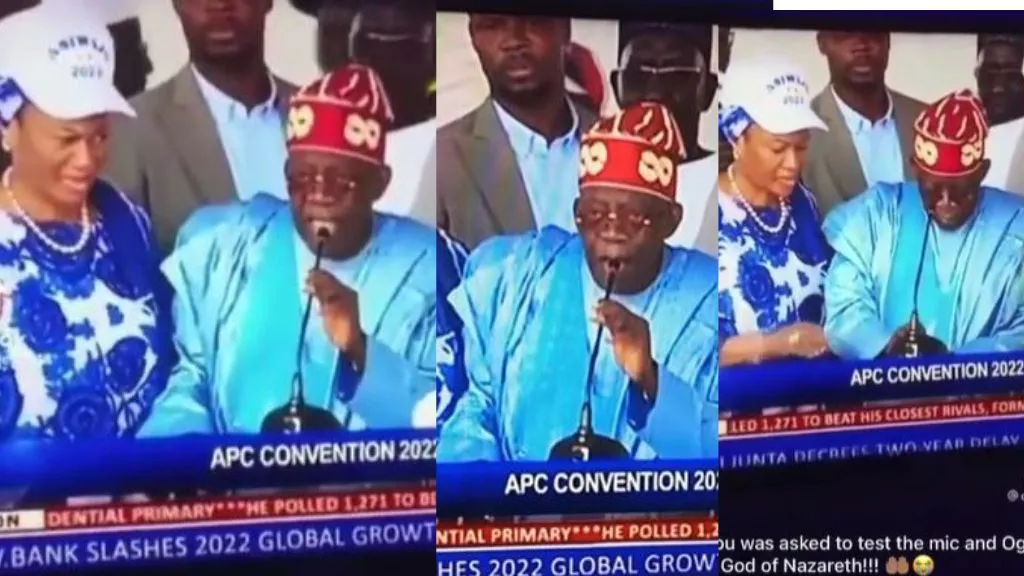 “This man is finished” – Reactions follow Tinubu's licking of the microphone while testing it (Video)